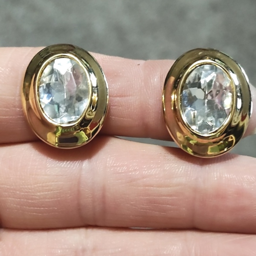 VINTAGE CLEAR OVAL CRYSTAL STONES GOLD-TONE CLIP-ON DROP 1" EARRINGS